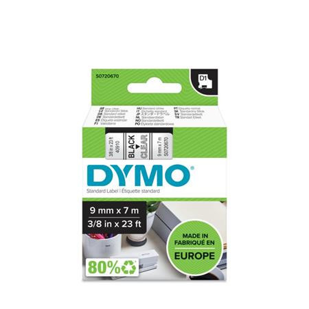 Feliratozógép szalag, 9 mm x 7 m, DYMO D1, víztiszta-fekete (GD40910)