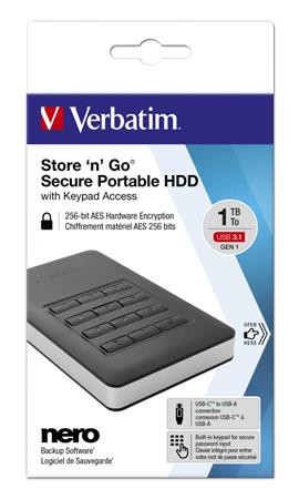 2,5 HDD (merevlemez), 1TB, USB 3.1, jelszavas titkosítás, VERBATIM Secure Portable, fekete (HV1TSGSP)