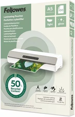 Meleglamináló fólia, 80 mikron, A5, fényes, 100 db, FELLOWES Light (IFW143440)