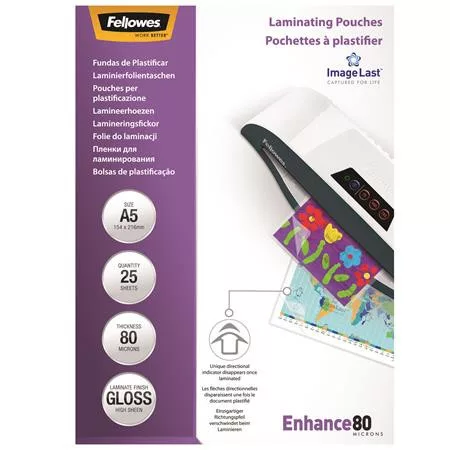 Meleglamináló fólia, 80 mikron, A5, fényes, 25 db, FELLOWES (IFW53960)