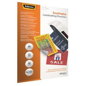   Meleglamináló fólia, 80 mikron, A4, fényes, öntapadó, 25 db, FELLOWES Admire Easy Display (IFW56017)