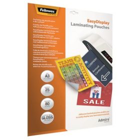   Meleglamináló fólia, 80 mikron, A3, fényes, öntapadó, 25 db, FELLOWES Admire Easy Display (IFW56018)