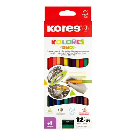 Színes ceruza készlet, kétvégű, háromszögletű, KORES Duo, 24 különböző szín (IK100612)