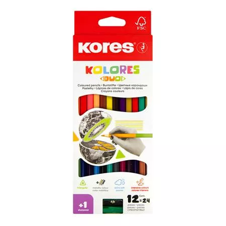 Színes ceruza készlet, kétvégű, háromszögletű, KORES Duo, 24 különböző szín (IK100612)