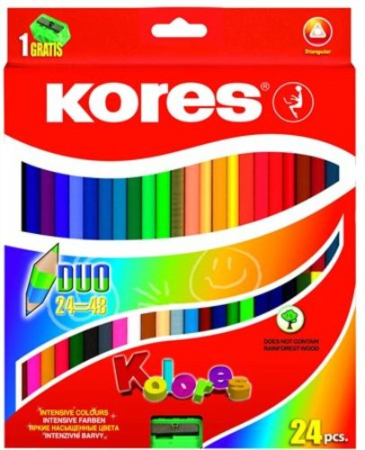 Színes ceruza készlet, kétvégű, háromszögletű, KORES Duo, 48 különböző szín (IK100624)