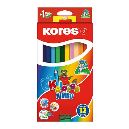Színes ceruza készlet, háromszögletű, vastag, KORES Jumbo, 12 különböző szín (IK100712)