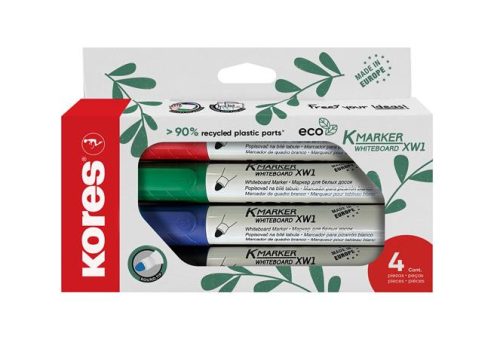 Tábla- és flipchart marker készlet, 3 mm, kúpos, KORES ECO K-Marker XW1, 4 különböző szín (IK20724)