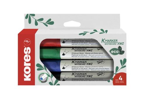 Tábla- és flipchart marker készlet, 3-5 mm, vágott, KORES ECO K-Marker XW2, 4 különböző szín (IK20744)