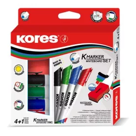   Tábla- és flipchart marker készlet mágneses táblatörlő szivaccsal, 3 mm, kúpos KORES XW1, 4 különböző szín (IK20863)