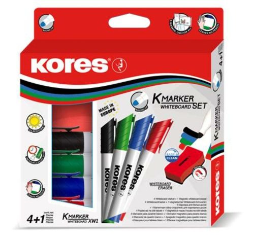 Tábla- és flipchart marker készlet mágneses táblatörlő szivaccsal, 3 mm, kúpos KORES XW1, 4 különböző szín (IK20863)