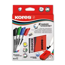   Tábla- és flipchart marker készlet mágneses táblatörlő szivaccsal, 3-5 mm, vágott, KORES XW2, 4 különböző szín (IK20865)