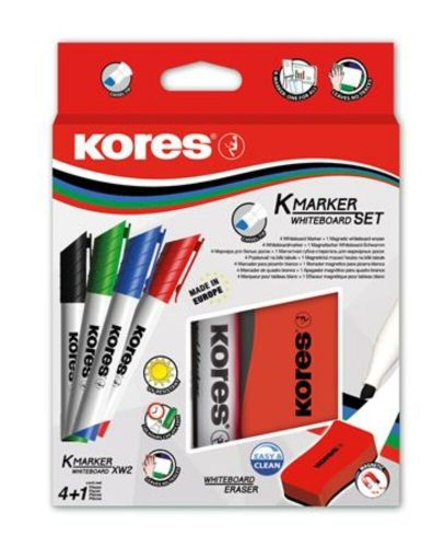 Tábla- és flipchart marker készlet mágneses táblatörlő szivaccsal, 3-5 mm, vágott, KORES, 4 különböző szín (IK20865)