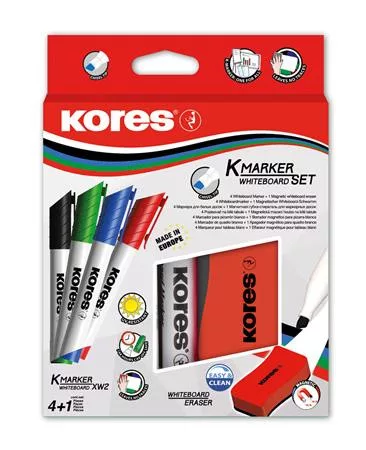 Tábla- és flipchart marker készlet mágneses táblatörlő szivaccsal, 3-5 mm, vágott, KORES XW2, 4 különböző szín (IK20865)