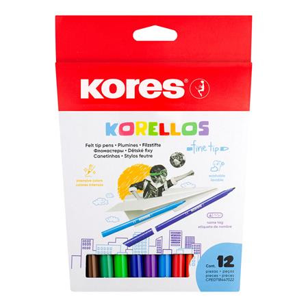 Filctoll készlet, kimosható, KORES Korellos, 12 különböző szín (IK29013)