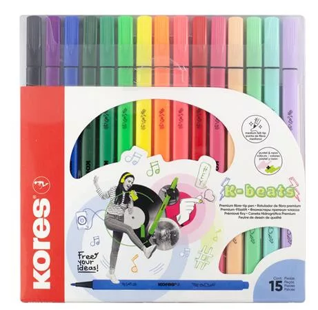 Filctoll készlet, kimosható, KORES K-beats, 15 különböző szín (IK29215)