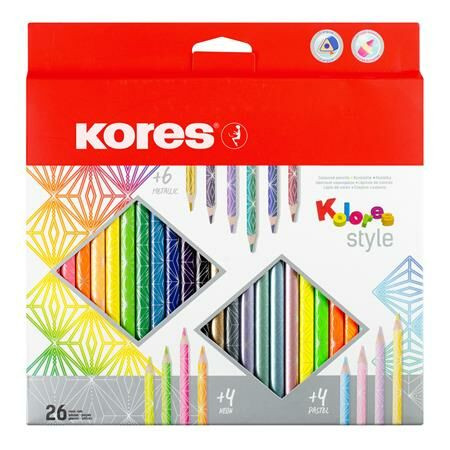 Színes ceruza készlet, háromszögletű, KORES Kolores Style, 26 különböző szín (IK93320)