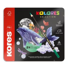   Színes ceruza készlet, háromszögletű, fém doboz, KORES Kolores Selection, 24 különböző szín (IK93325)