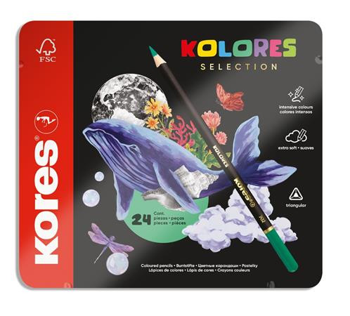 Színes ceruza készlet, háromszögletű, fém doboz, KORES Kolores Selection, 24 különböző szín (IK93325)