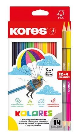 Színes ceruza készlet, háromszögletű, KORES Kolores, 12+2 különböző szín (IK93611)