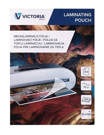 Meleglamináló fólia, 75 mikron, A3, fényes, VICTORIA OFFICE (ILKVF753)