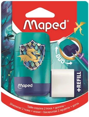 Hegyező és radír, kétlyukú, tartályos, pótradírral, MAPED Connect Dragon, sárkány (IMA049224)