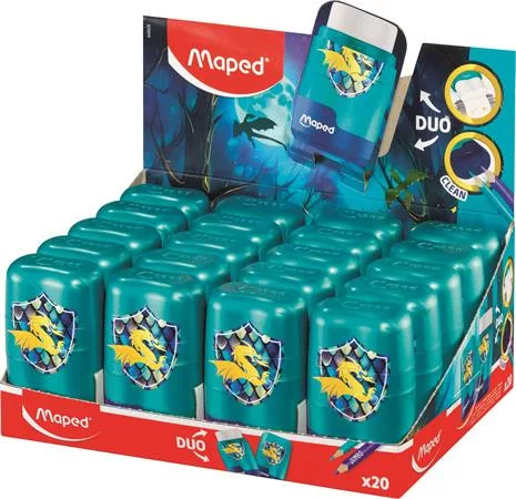 Hegyező és radír display, kétlyukú, tartályos, MAPED Connect Dragon, sárkány (IMA049226)