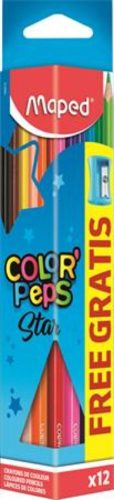 Színes ceruza készlet, háromszögletű, hegyezővel, MAPED Color'Peps Star, 12 különböző szín (IMA183213)