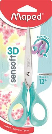 Olló, iskolai, 16 cm, rugalmas nyél, MAPED Sensoft 3D, vegyes pasztell színek (IMA486214)