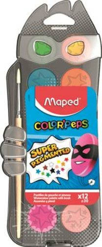 Vízfesték, 12 szín, 30 mm átm/szín + ajándék ecset, MAPED (IMA811520)