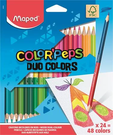 Színes ceruza készlet, háromszögletű, kétvégű, MAPED Color'Peps Duo, 48 különböző szín (IMA829602)
