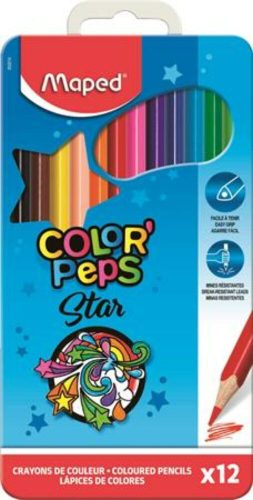 Színes ceruza készlet, háromszögletű, fém doboz, MAPED Color'Peps Star, 12 különböző szín (IMA832014)