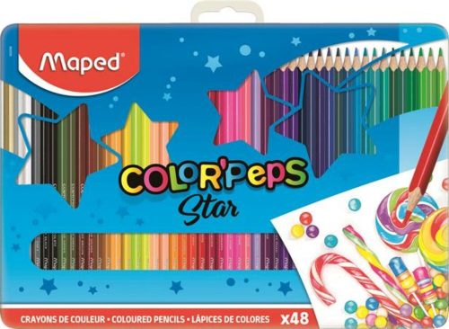 Színes ceruza készlet, háromszögletű, fém doboz, MAPED Color'Peps Star, 48 különböző szín (IMA832058)