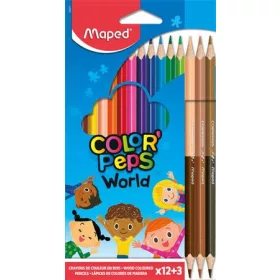   Színes ceruza készlet, háromszögletű, MAPED Color'Peps World, 12 különböző szín + 3 kétvégű bőrtónus ceruza (IMA832071)