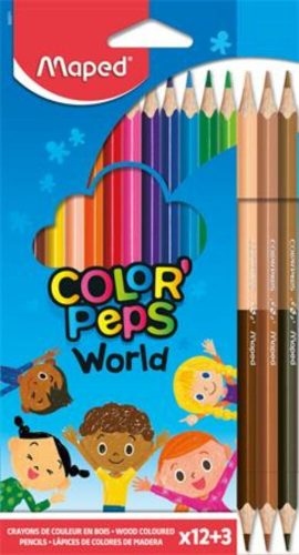 Színes ceruza készlet, háromszögletű, MAPED Color'Peps World, 12 különböző szín + 3 kétvégű bőrtónus ceruza (IMA832071)