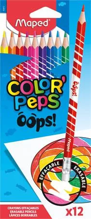 Színes ceruza készlet, háromszögletű, radírozható, MAPED Color'Peps Oops, 12 különböző szín (IMA832812)