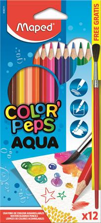 Akvarell ceruza készlet, háromszögletű, ecsettel, MAPED Color'Peps, 12 különböző szín (IMA836011)