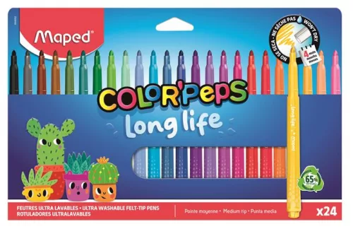 Filctoll készlet, 3,7 mm, kimosható, MAPED „Color'Peps Long Life 2”, 24 különböző szín (IMA844002)