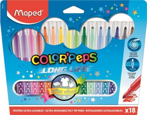 Filctoll készlet, mosható, MAPED Color'Peps Long Life, 18 különböző szín (IMA845021)