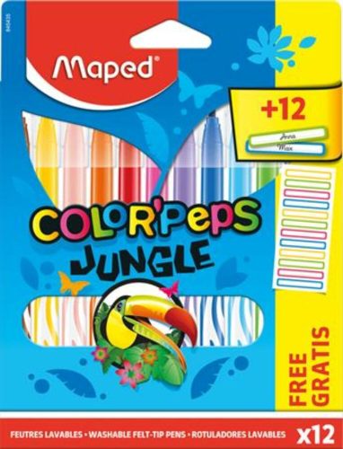 Filctoll készlet, 2,8 mm, kimosható, MAPED Color'Peps Jungle 12 különböző szín+12 ajándék matrica (IMA845435)