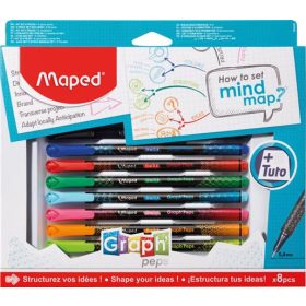   Tűfilc készlet, 0,4 mm, MAPED Graph'Peps - How to Mind Map Box, 8 különböző szín (IMA897553)