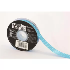   Szatén szalag, 15 mm x 22 m, világos kék fehér pöttyökkel (ISKE233)