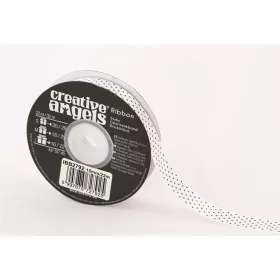   Szatén szalag, 15 mm x 22 m, fehér fekete pöttyökkel (ISKE239)