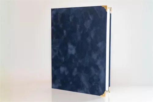 Oklevéltartó, A4, exkluzív, plüss, 4 fém sarokkal, kék (ISKE241)