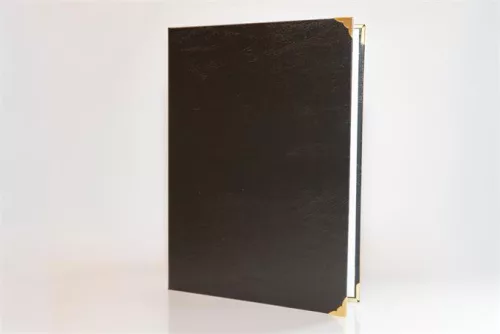 Oklevéltartó, A4, exkluzív, műbőr, 4 fém sarokkal, fekete (ISKE244)