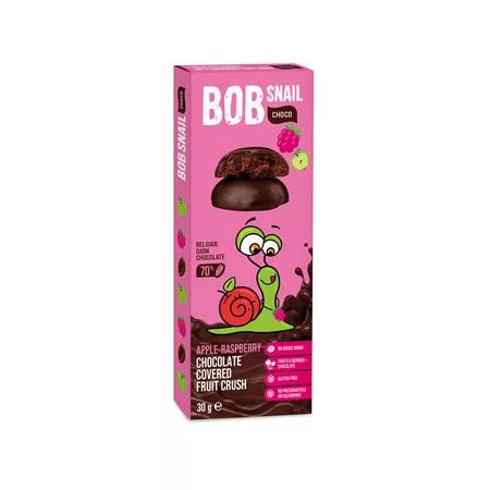 Gyümölcs snack, 30 g, BOB SNAIL, alma-málna étcsokoládéban (KHE392)
