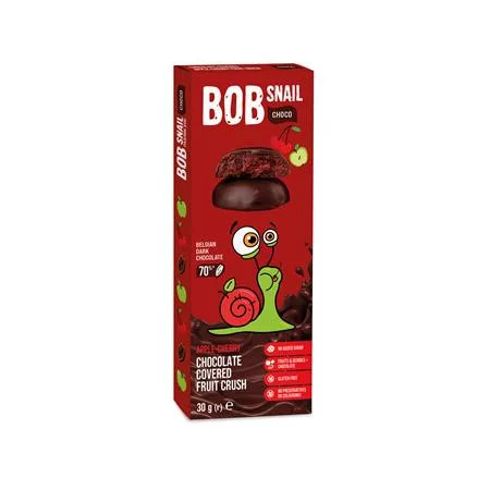 Gyümölcs snack, 30 g, BOB SNAIL, alma-meggy étcsokoládéban (KHE393)