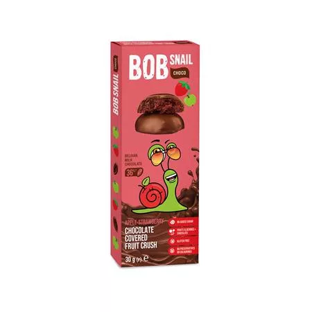 Gyümölcs snack, 30 g, BOB SNAIL, alma-eper tejcsokoládéban (KHE394)