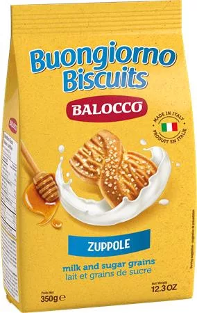 Reggeliző keksz, 350 g BALOCCO Zuppole, tej- és barna cukordarabos (KHE441)