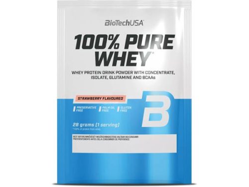 Tejsavó fehérjepor, 28g, BIOTECH USA 100 százalék  Pure Whey, eper (KHEBIOUSA93)