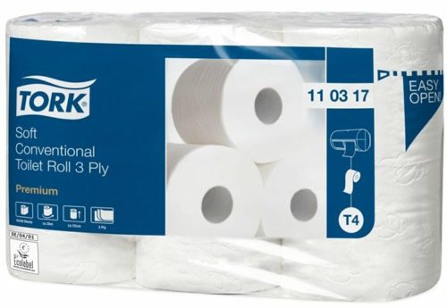Toalettpapír, T4 rendszer, 3 rétegű, 12 cm átmérő, Premium, TORK Soft, fehér (KHH134)